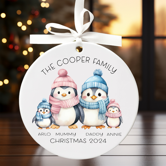 Personalised Penguin  family name Christmas tree ornament