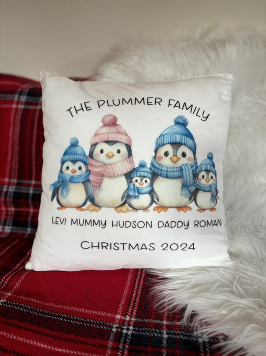 Personalised penguin family Christmas cushion gift